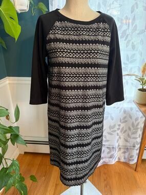 LOFT Geometric Textured Knit Raglan Sleeve Shift Dress - Size Medium